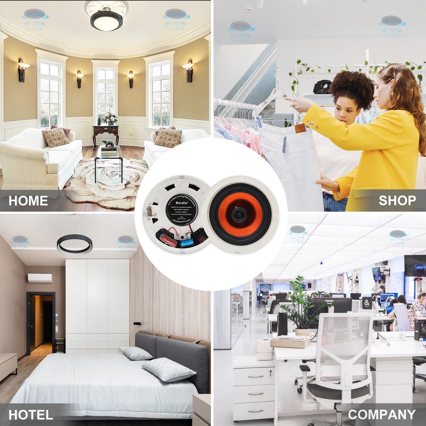 Herdio 6.5" Bluetooth Speaker In Ceiling 600W 2-Way Flush Mount Speakers System With Wall Amplifier Receiver For Home