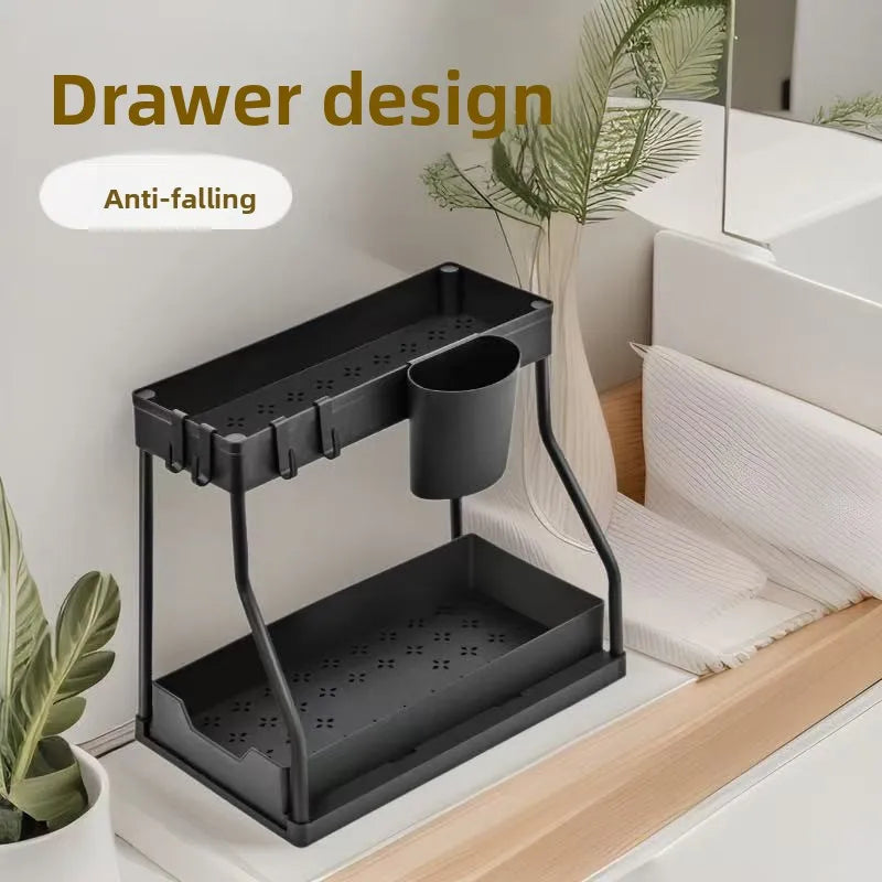 2 Tier Slide Out Under Sink Organizer with Hooks Large Capacity Space Saving Storage Rack for Kitchen Bathroom Cabinet Durable