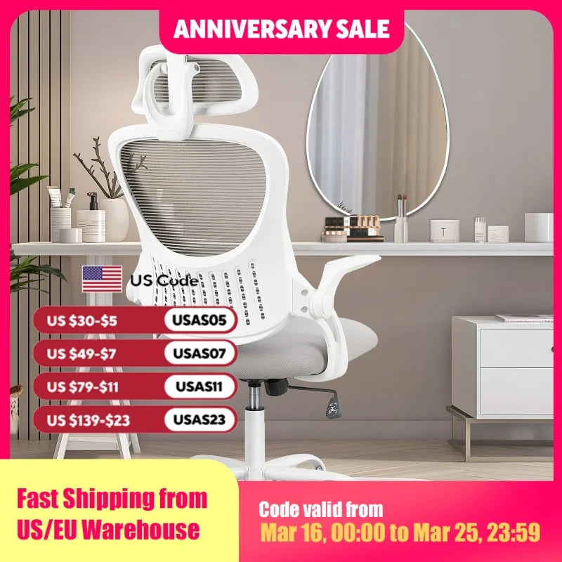 JHK Mesh Ergonomic Office Computer Desk Chair Flip-up Arms Adjustable Headrests Comfortable Lumbar Support For Home Office