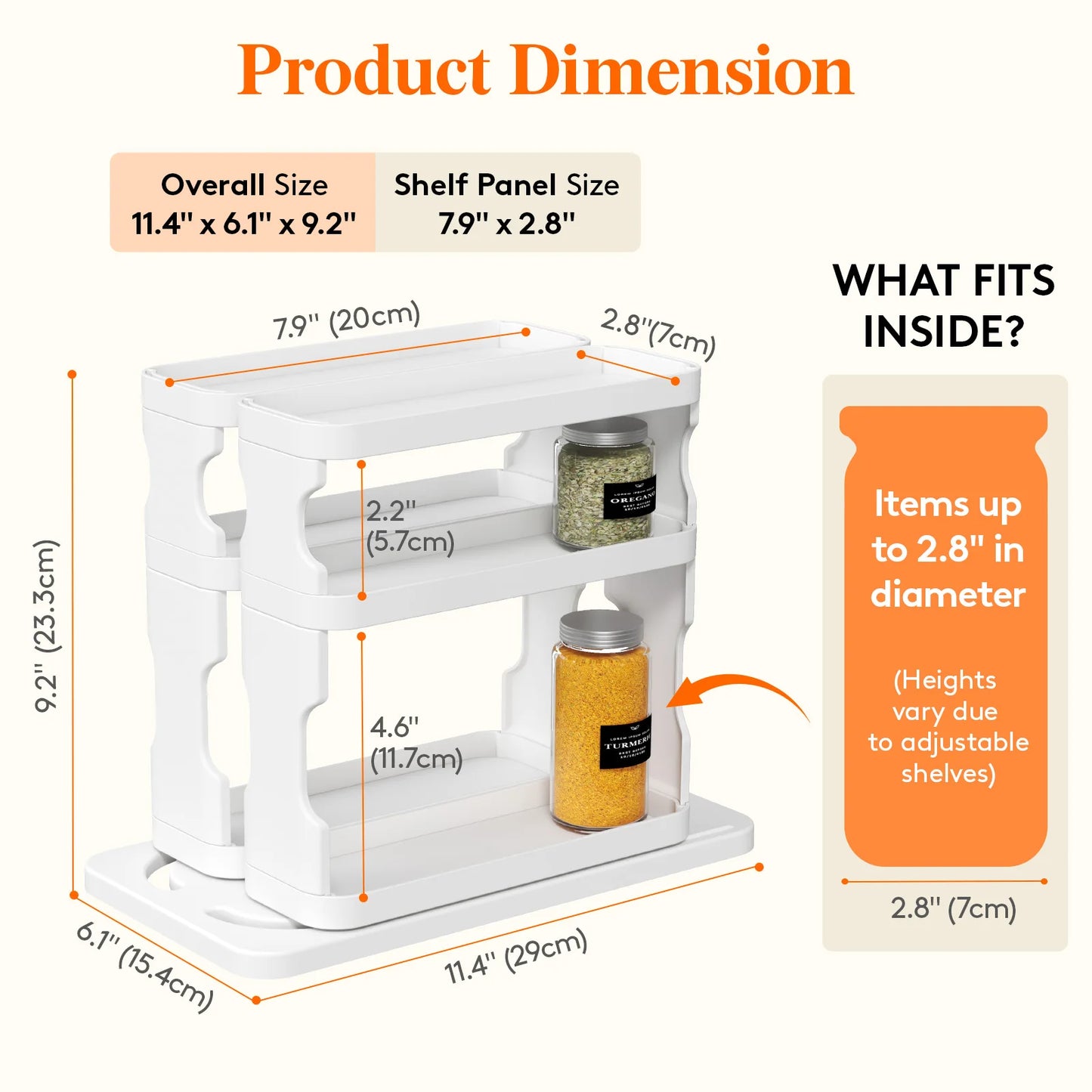 Spice Rack Organizer for Cabinet, Slide & Rotate Spice Organizer, Double 3-tier Adjustable Shelves with Fence & Non-Skid Pad