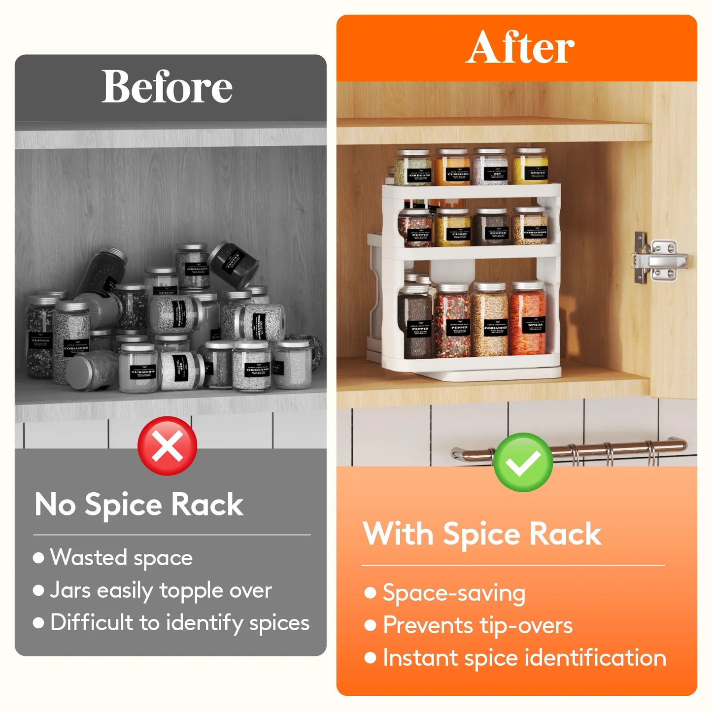 Spice Rack Organizer for Cabinet, Slide & Rotate Spice Organizer, Double 3-tier Adjustable Shelves with Fence & Non-Skid Pad