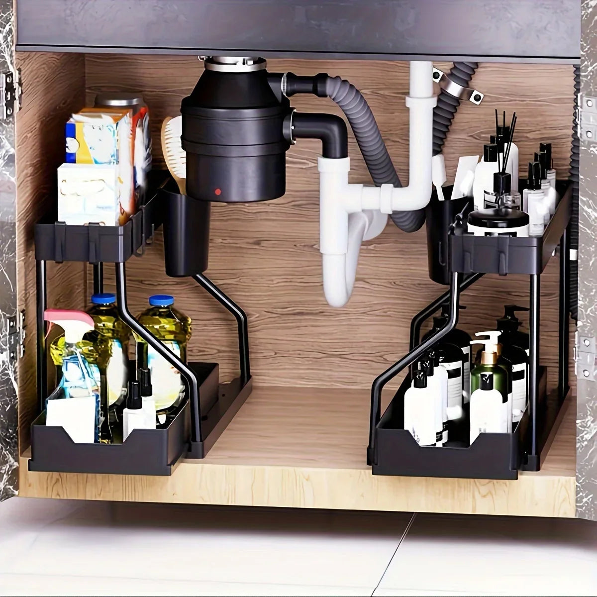 2 Tier Slide Out Under Sink Organizer with Hooks Large Capacity Space Saving Storage Rack for Kitchen Bathroom Cabinet Durable