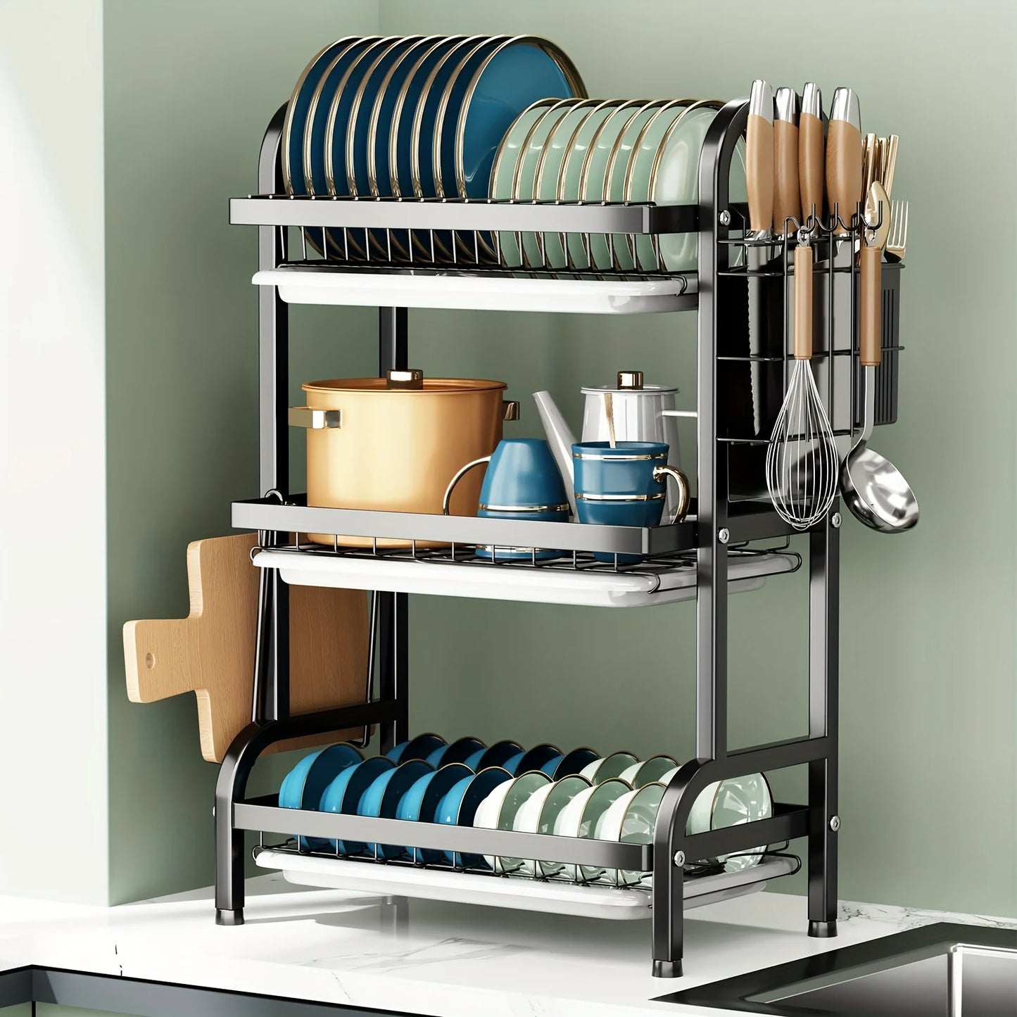 Dish Rack, Three-Tier Space-Saving Kitchen Countertop Dish Holder, Storage Rack with Cutting Board, Bowl and Plate Holder