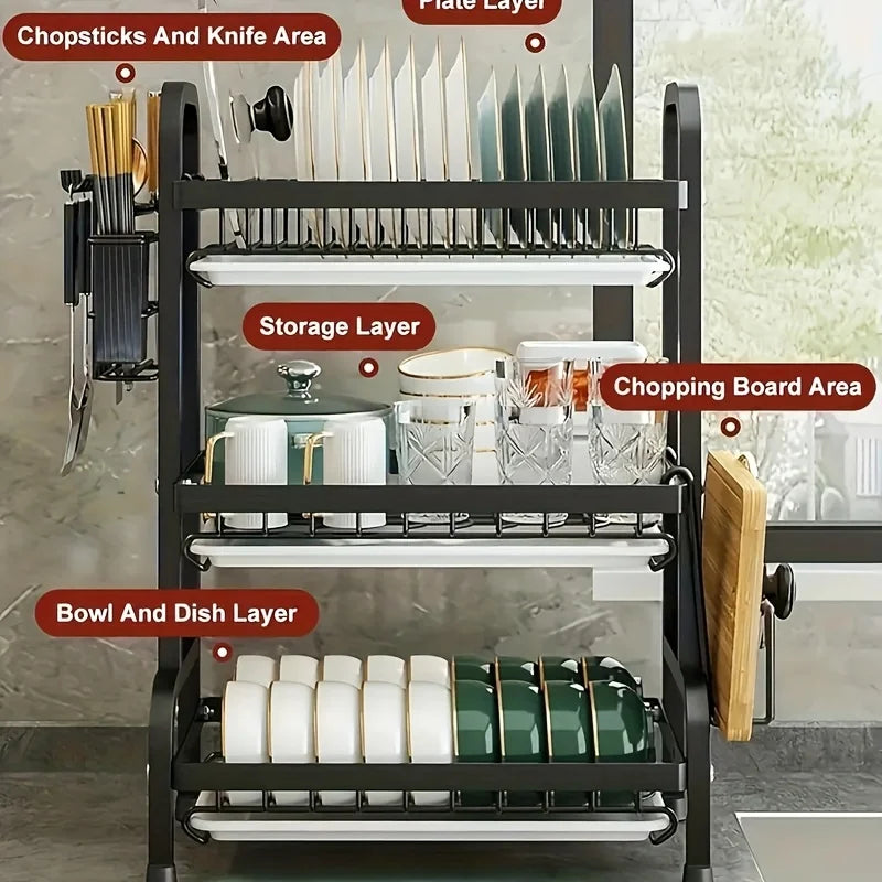 Dish Rack, Three-Tier Space-Saving Kitchen Countertop Dish Holder, Storage Rack with Cutting Board, Bowl and Plate Holder