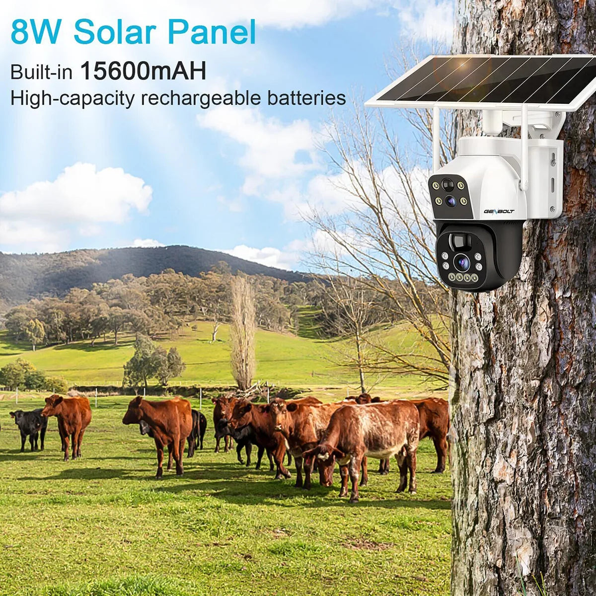 GENBOLT 4G SIM Solar Camera 4X Zoom Wireless Outdoor Cameras with HD 30m Night Vision15600mAh PTZ Surveillance Camera Dual Lens