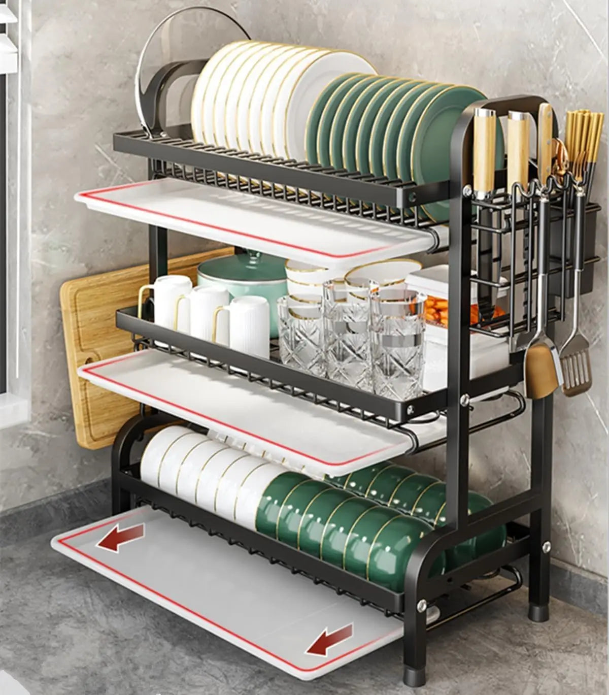 Dish Rack, Three-Tier Space-Saving Kitchen Countertop Dish Holder, Storage Rack with Cutting Board, Bowl and Plate Holder