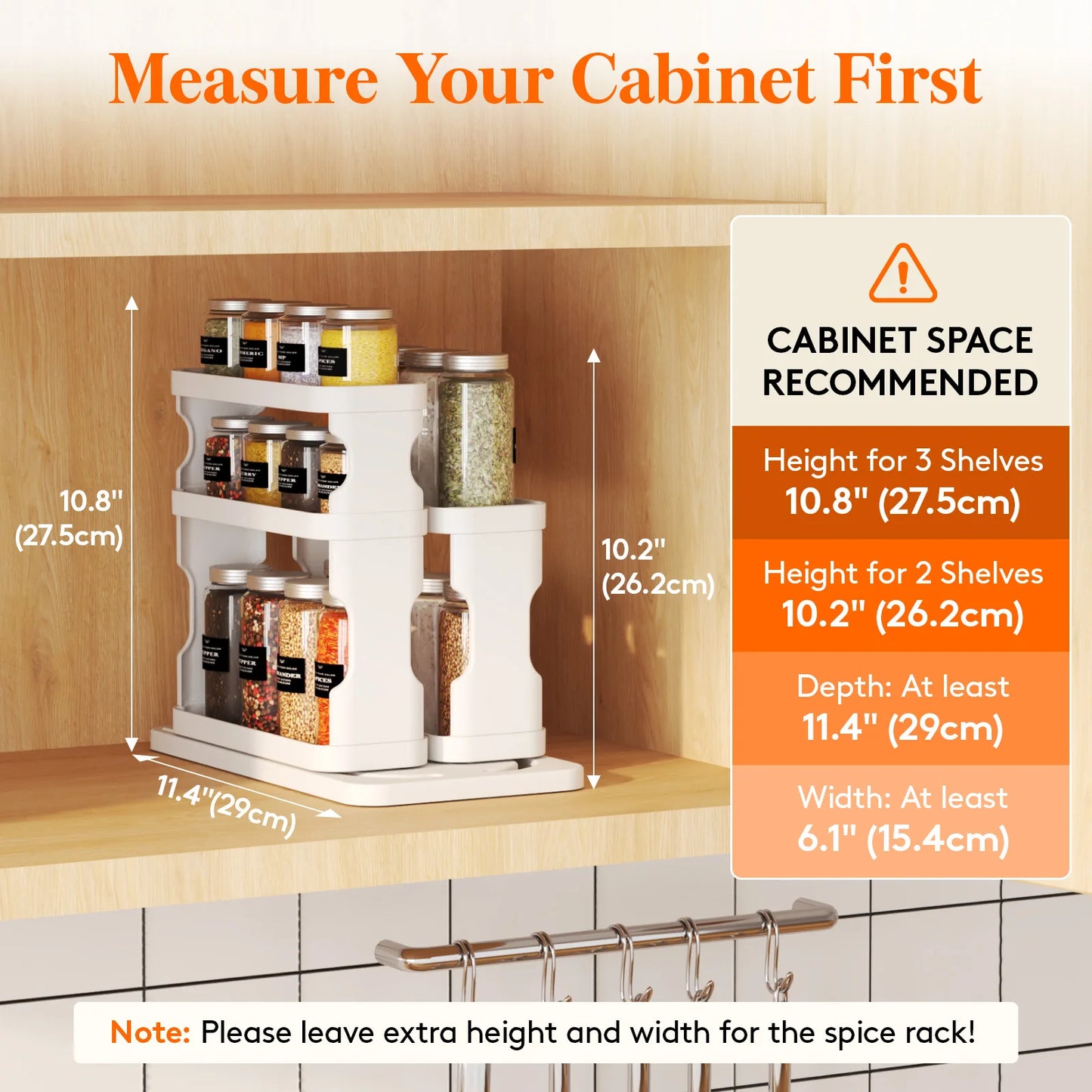 Spice Rack Organizer for Cabinet, Slide & Rotate Spice Organizer, Double 3-tier Adjustable Shelves with Fence & Non-Skid Pad