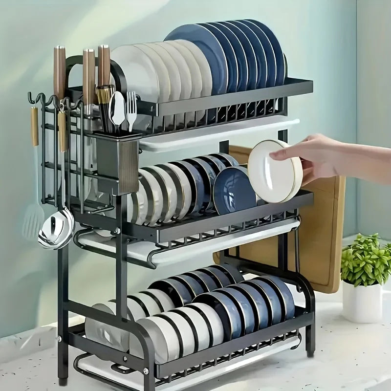 Dish Rack, Three-Tier Space-Saving Kitchen Countertop Dish Holder, Storage Rack with Cutting Board, Bowl and Plate Holder