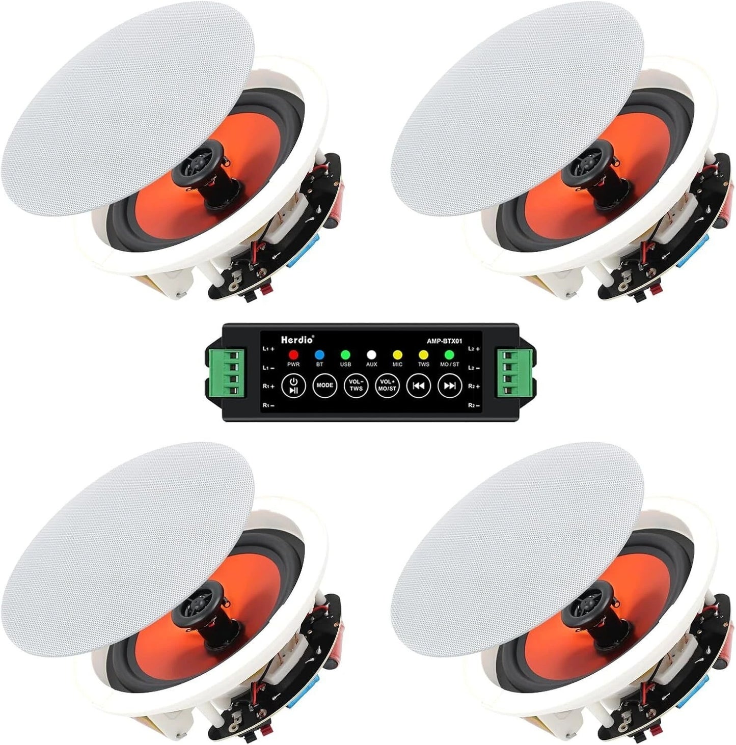Herdio 6.5" Bluetooth Speaker In Ceiling 600W 2-Way Flush Mount Speakers System With Wall Amplifier Receiver For Home