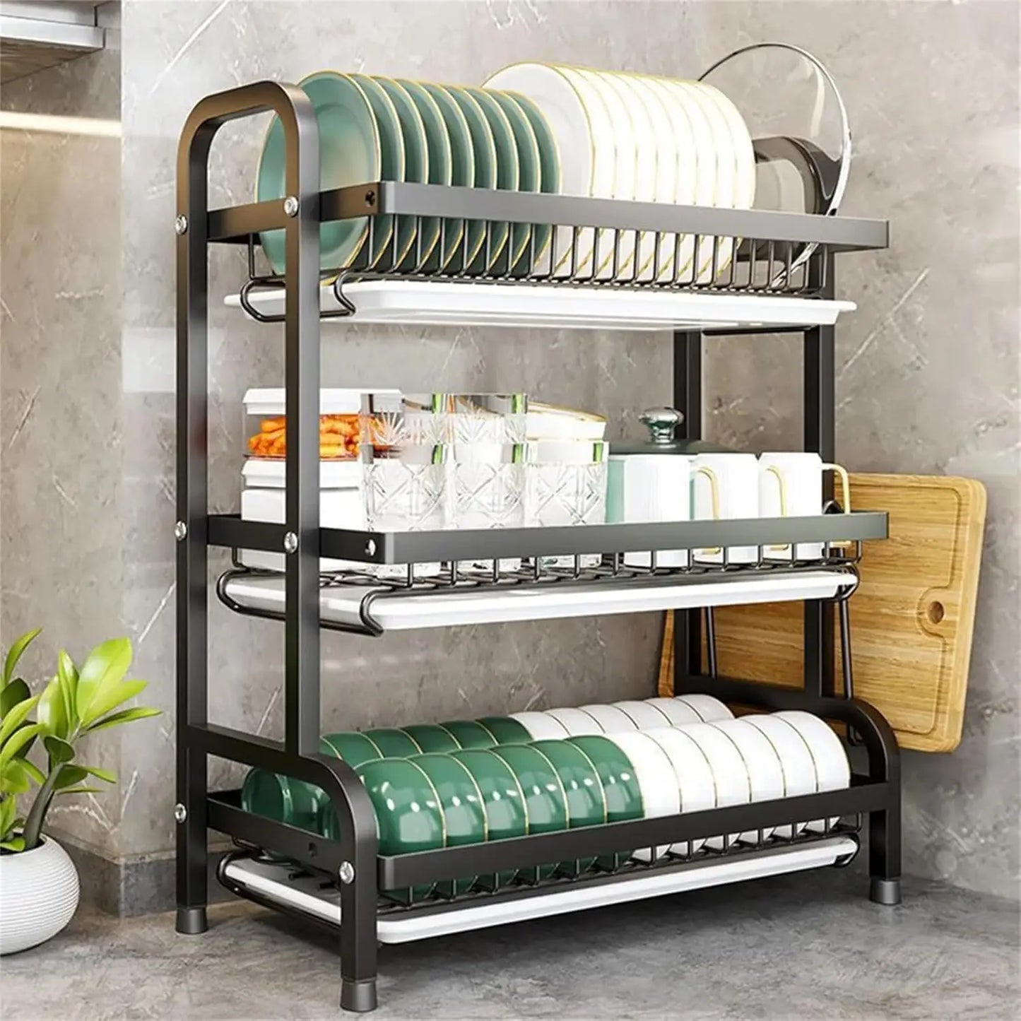 Dish Rack, Three-Tier Space-Saving Kitchen Countertop Dish Holder, Storage Rack with Cutting Board, Bowl and Plate Holder