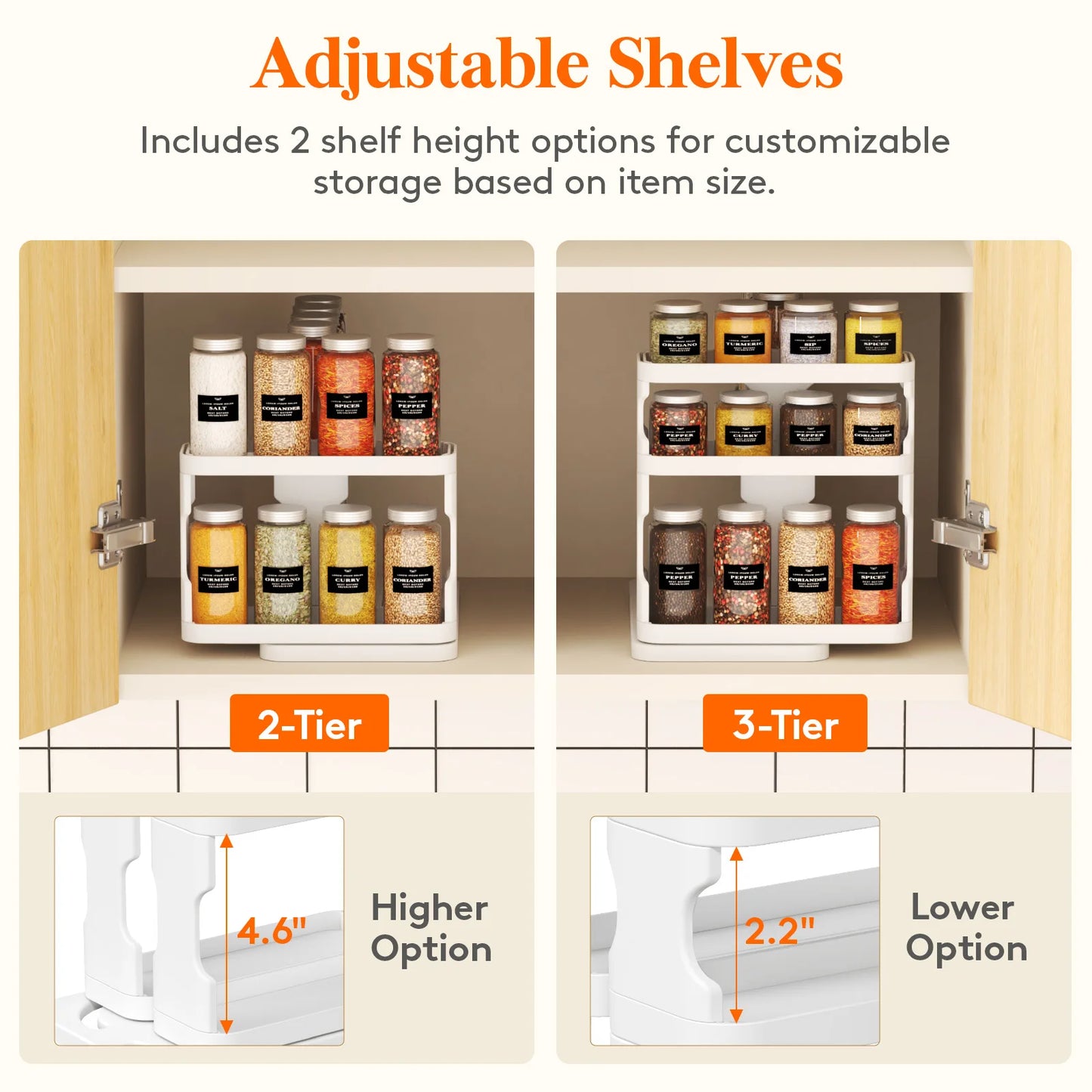 Spice Rack Organizer for Cabinet, Slide & Rotate Spice Organizer, Double 3-tier Adjustable Shelves with Fence & Non-Skid Pad